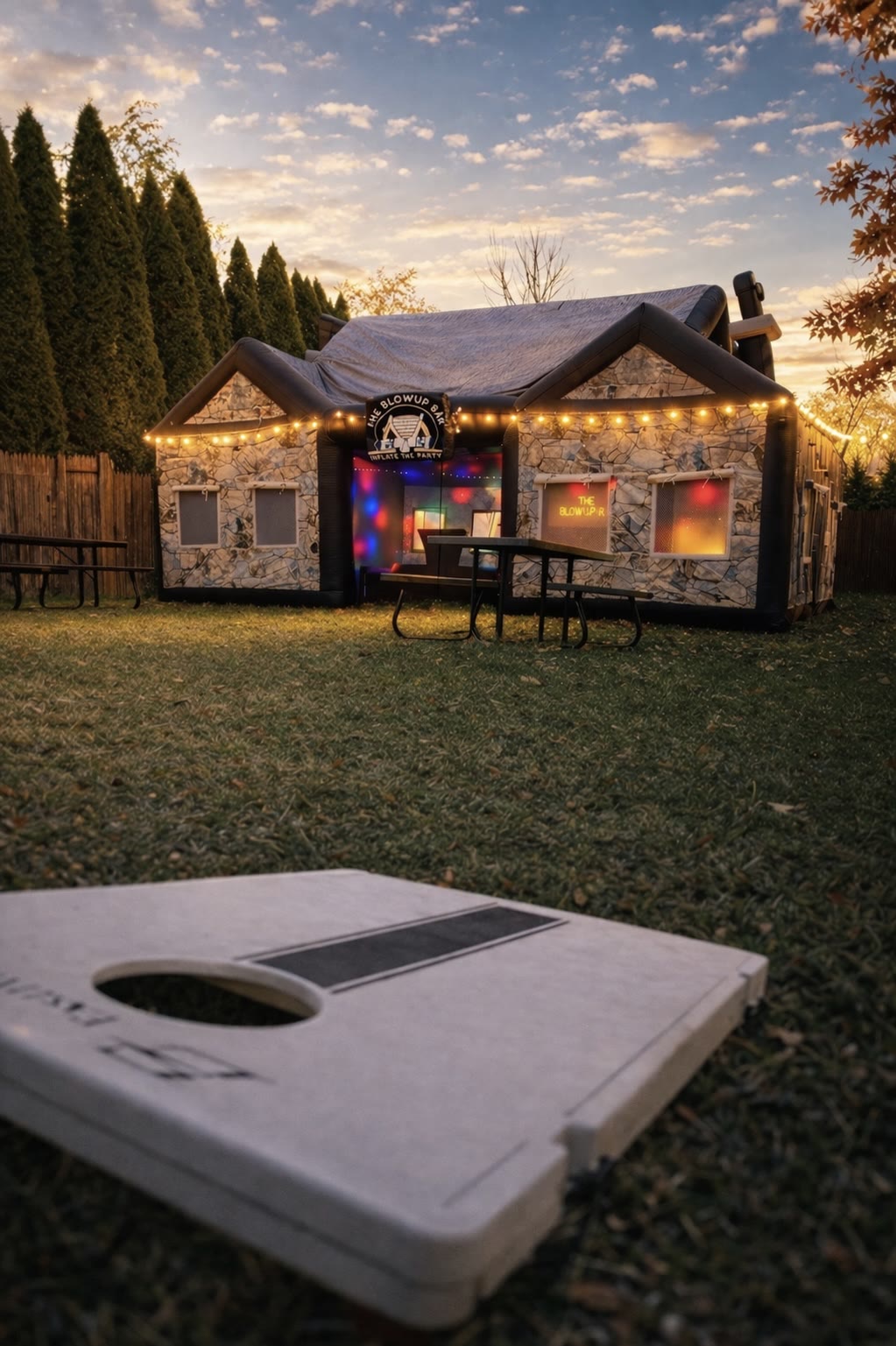 An inflatable pub lit with string lights in a back garden at sunset, with a cornhole board on the grass.