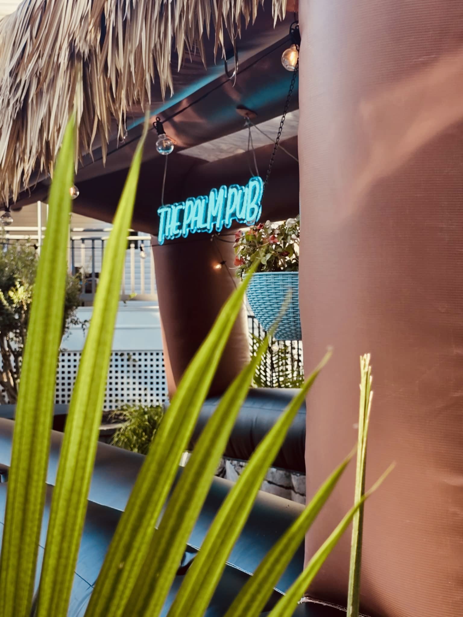 The Palm Pub neon sign glowing through tropical palm leaves